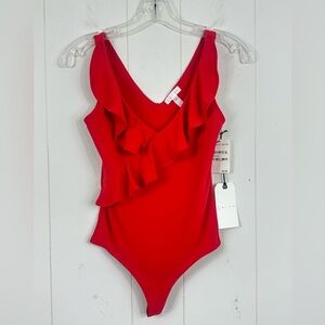 NWT Leith Red Bloom Ruffle Bodysuit Ruffle V Neck Sz XS Nordstrom